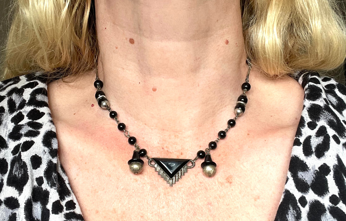 Vintage Art Deco machine age silver tone chrome and black glass necklace