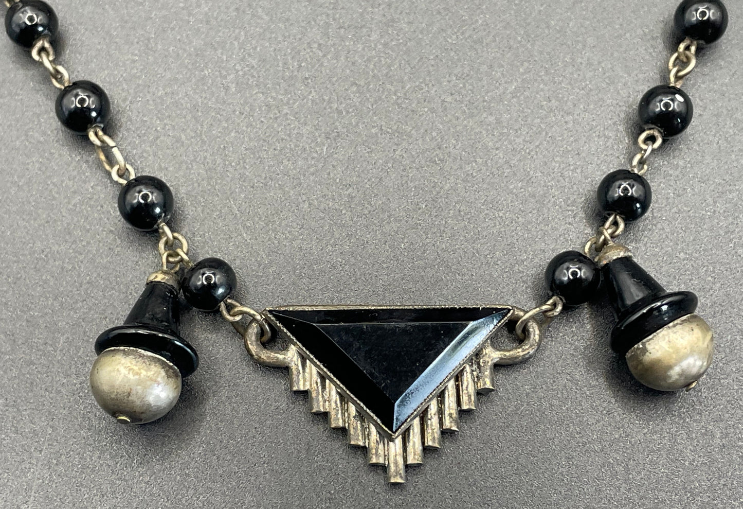 Vintage Art Deco machine age silver tone chrome and black glass necklace