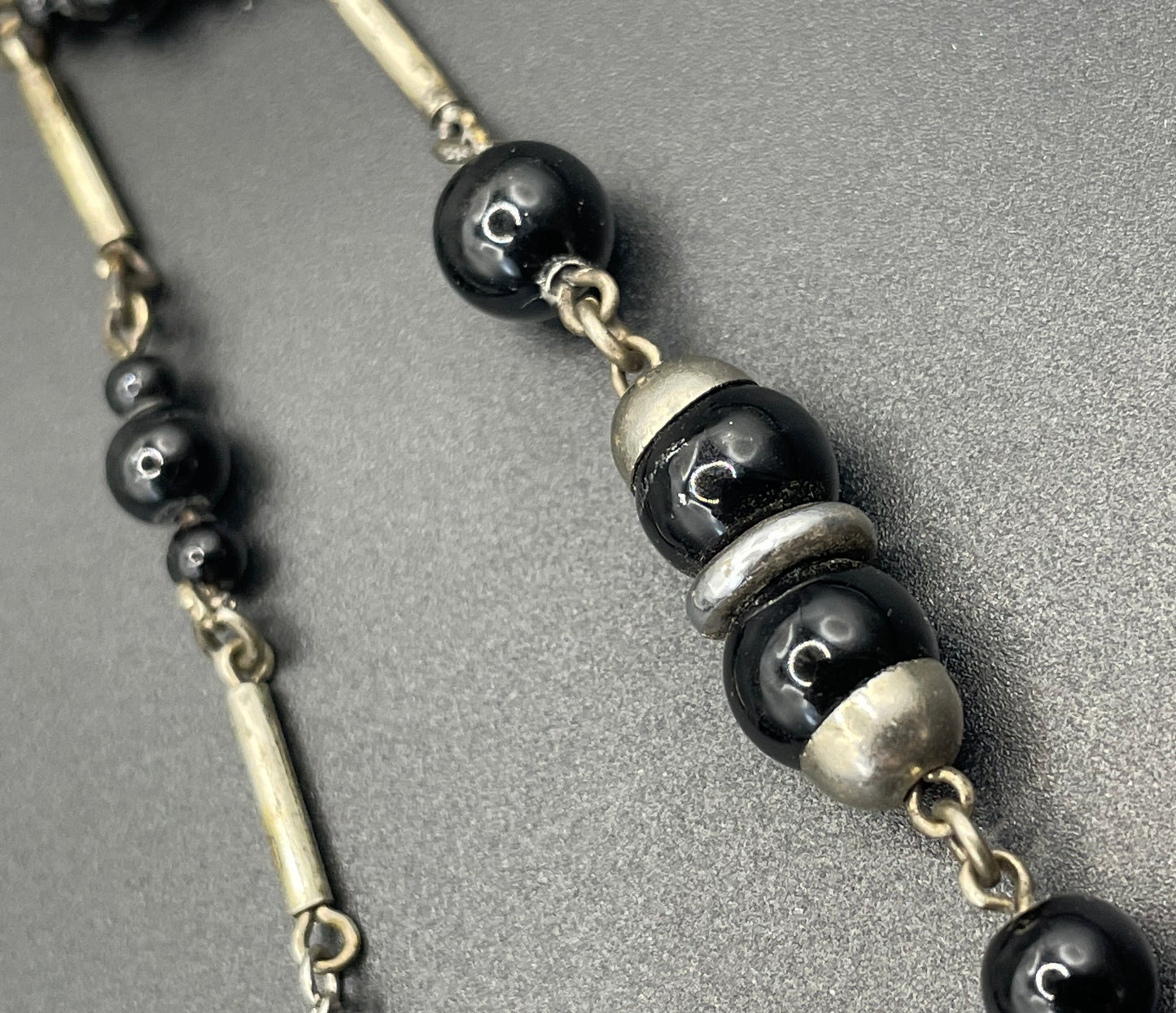 Vintage Art Deco machine age silver tone chrome and black glass necklace