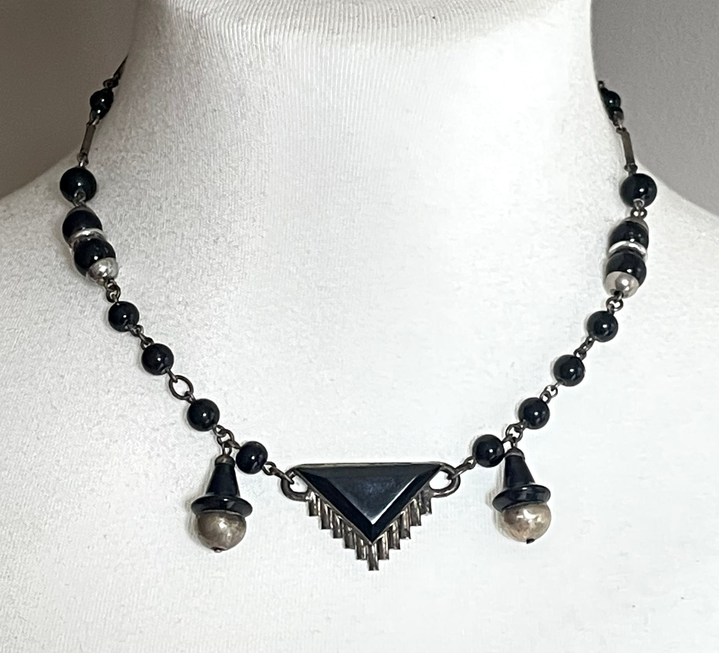 Vintage Art Deco machine age silver tone chrome and black glass necklace