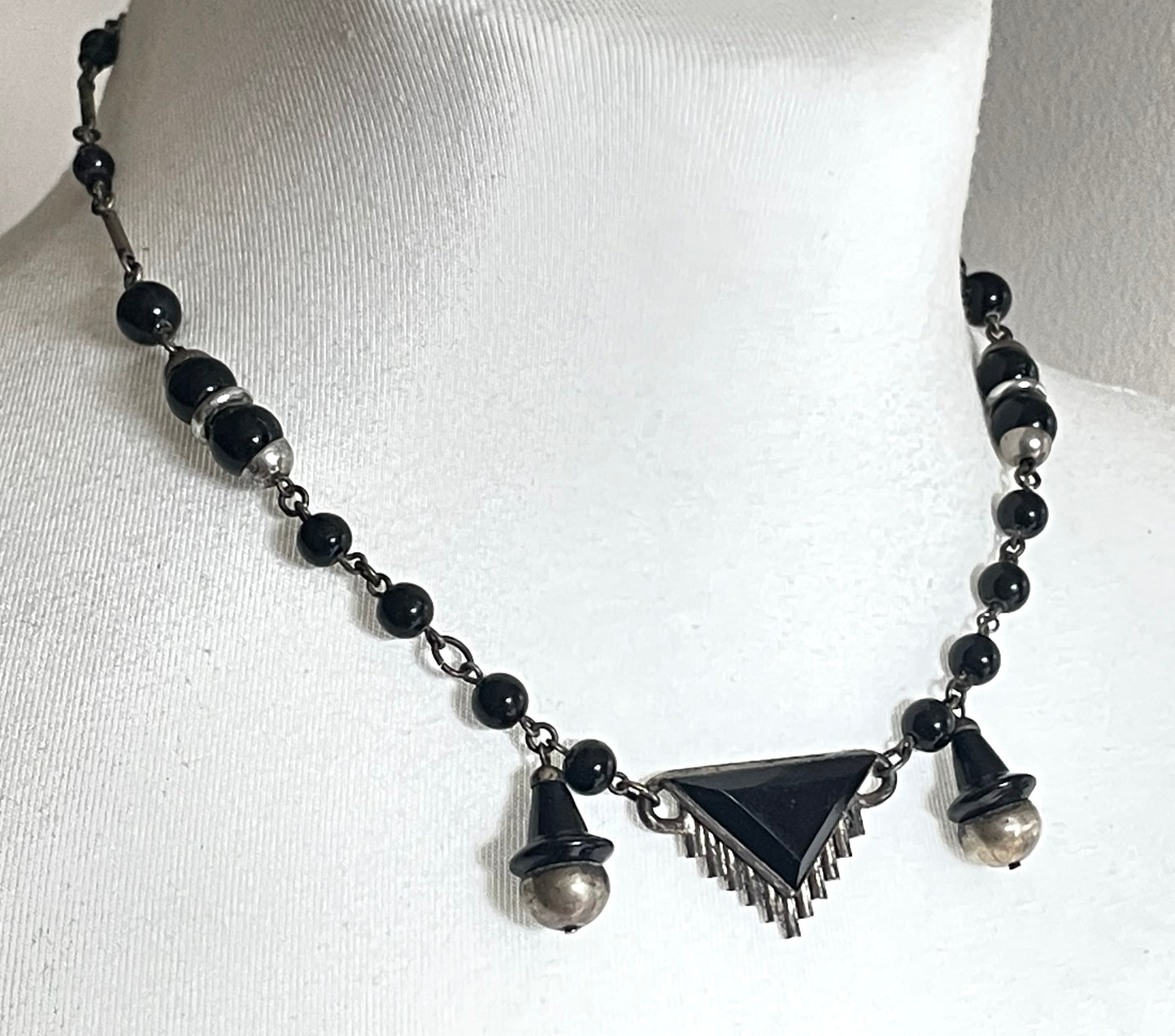 Vintage Art Deco machine age silver tone chrome and black glass necklace