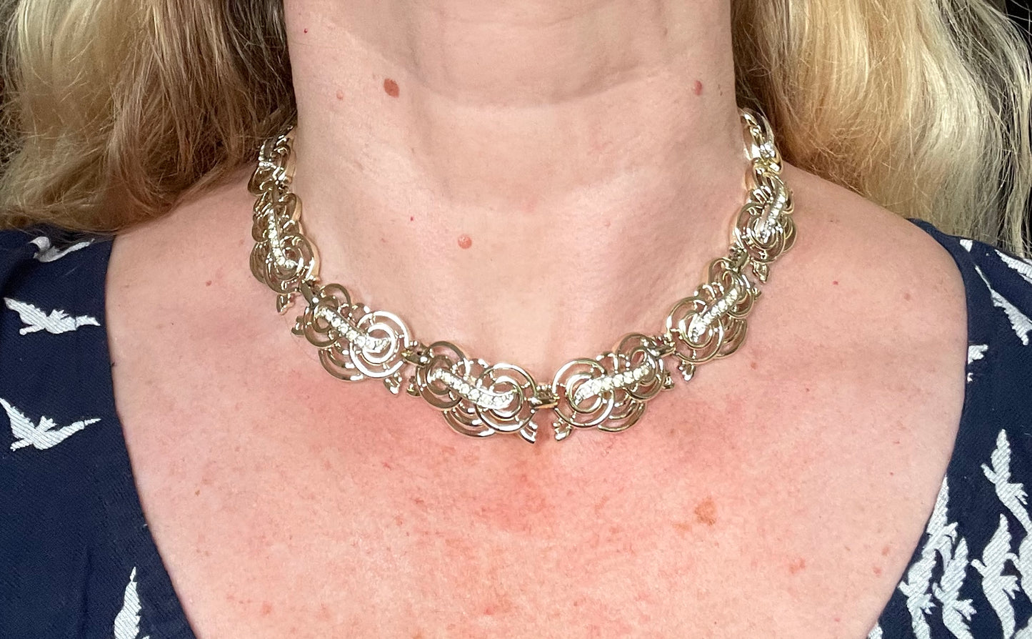 Vintage Marcel Boucher signed 'Marboux' clear rhinestone and pale gold tone choker necklace, really pretty, delicate design