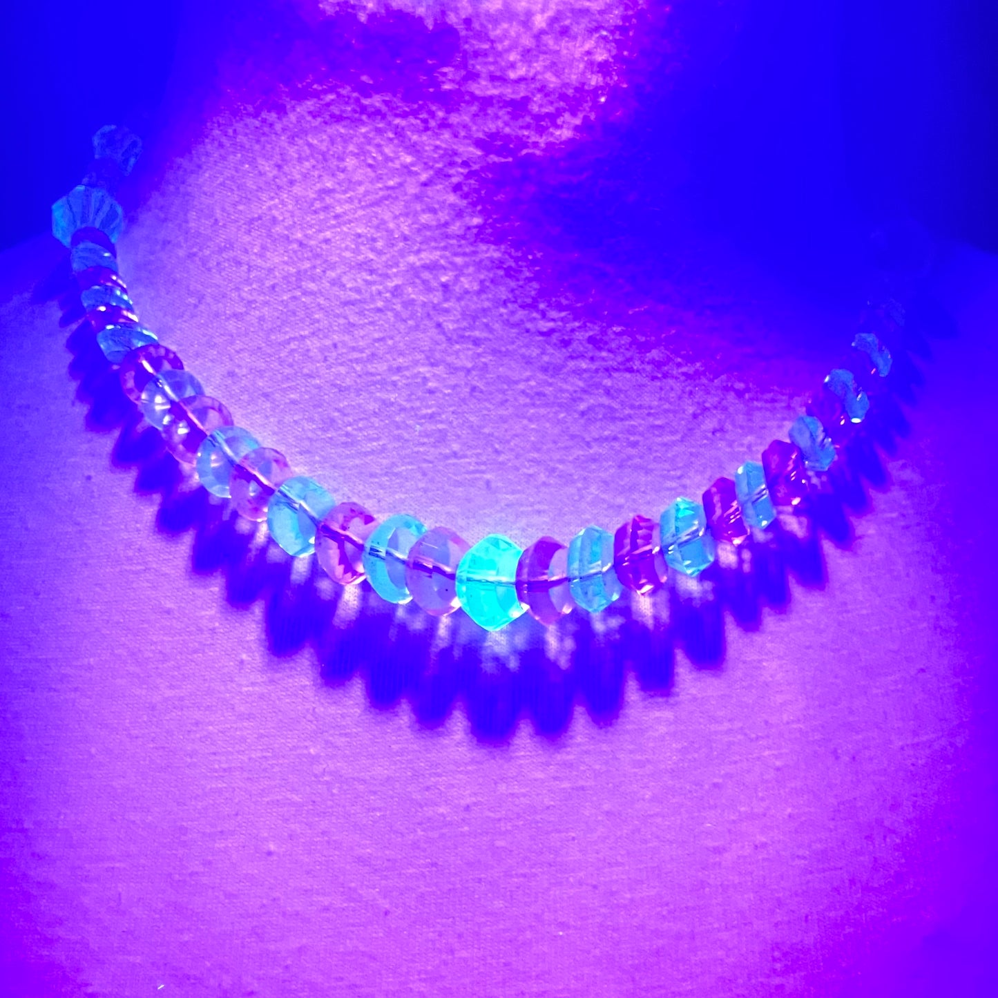 Vintage uranium glass faceted crystal bead Art Deco necklace - delicate pale yellow and blue beads that glow under UV light on foxtail chain