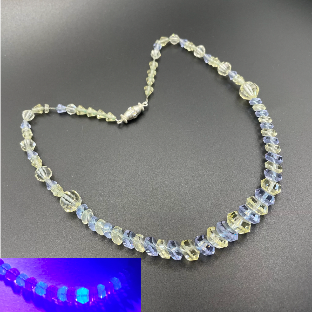 Vintage uranium glass faceted crystal bead Art Deco necklace - delicate pale yellow and blue beads that glow under UV light on foxtail chain