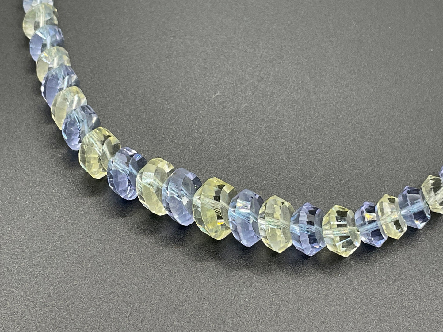 Vintage uranium glass faceted crystal bead Art Deco necklace - delicate pale yellow and blue beads that glow under UV light on foxtail chain