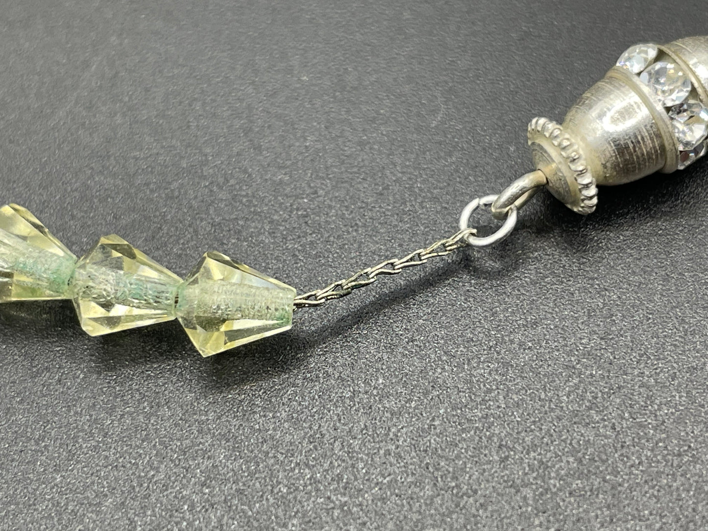 Vintage uranium glass faceted crystal bead Art Deco necklace - delicate pale yellow and blue beads that glow under UV light on foxtail chain