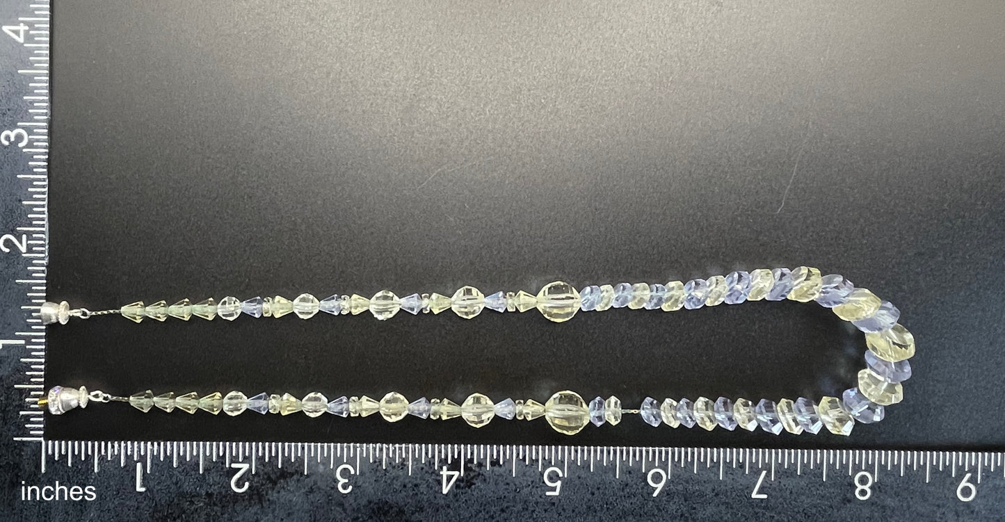 Vintage uranium glass faceted crystal bead Art Deco necklace - delicate pale yellow and blue beads that glow under UV light on foxtail chain