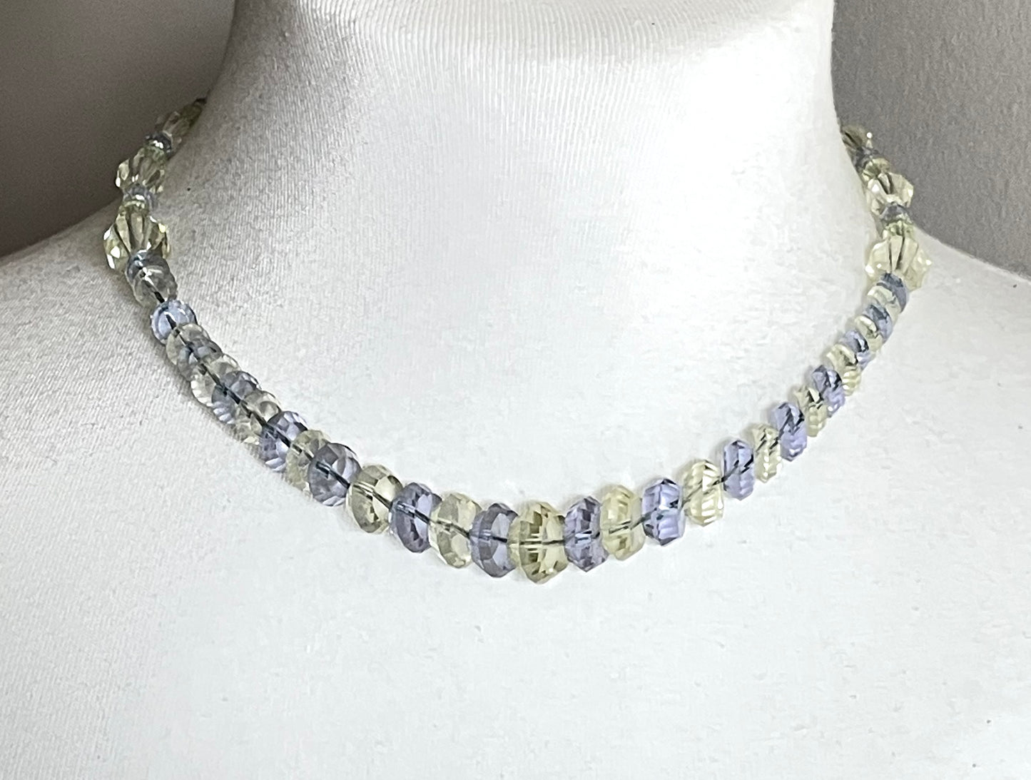 Vintage uranium glass faceted crystal bead Art Deco necklace - delicate pale yellow and blue beads that glow under UV light on foxtail chain