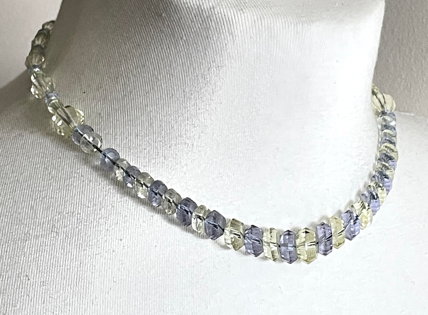 Vintage uranium glass faceted crystal bead Art Deco necklace - delicate pale yellow and blue beads that glow under UV light on foxtail chain