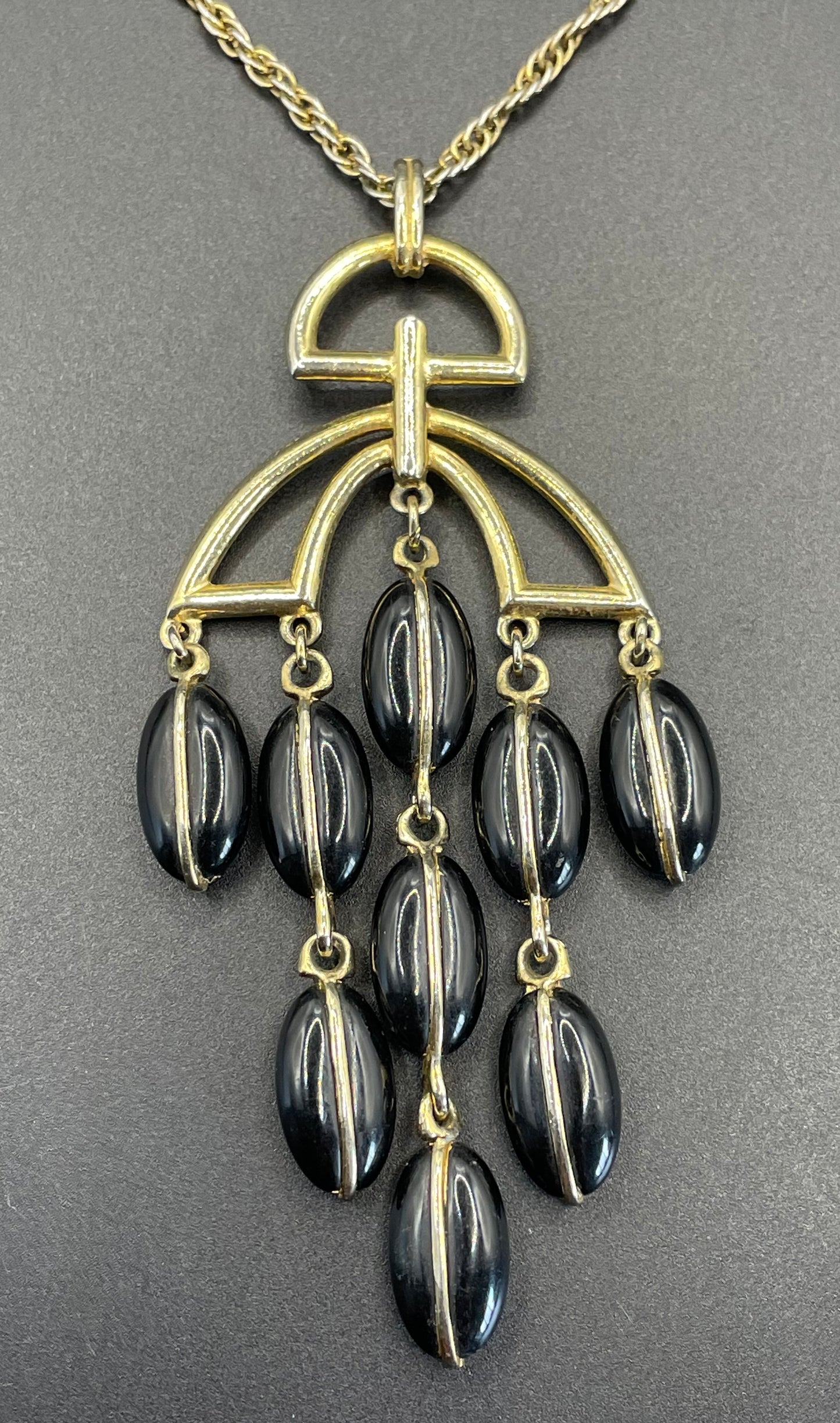 Vintage Trifari signed 1970s gold tone and black plastic / lucite bead disco chandelier pendant necklace and rope chain