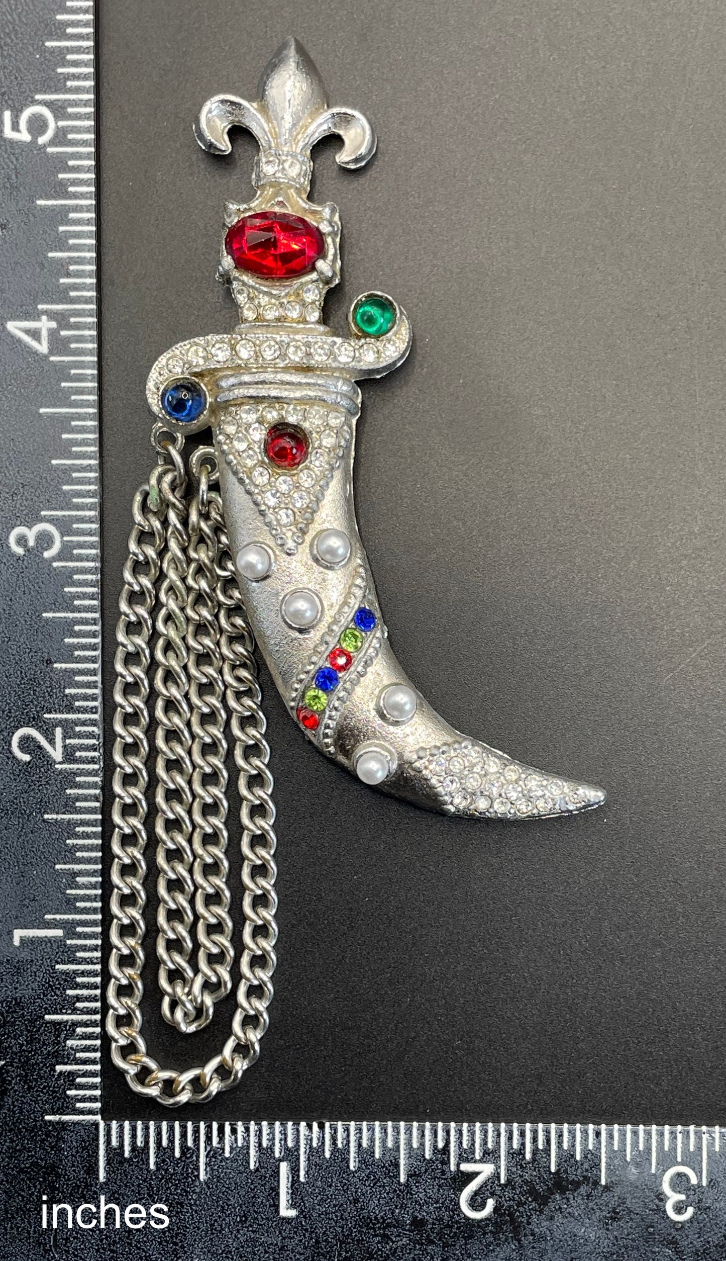 Huge vintage dagger and scabbard faux chatelaine pin brooch based on a design by Murray Slater for Urie Mandle jewellery, unsigned