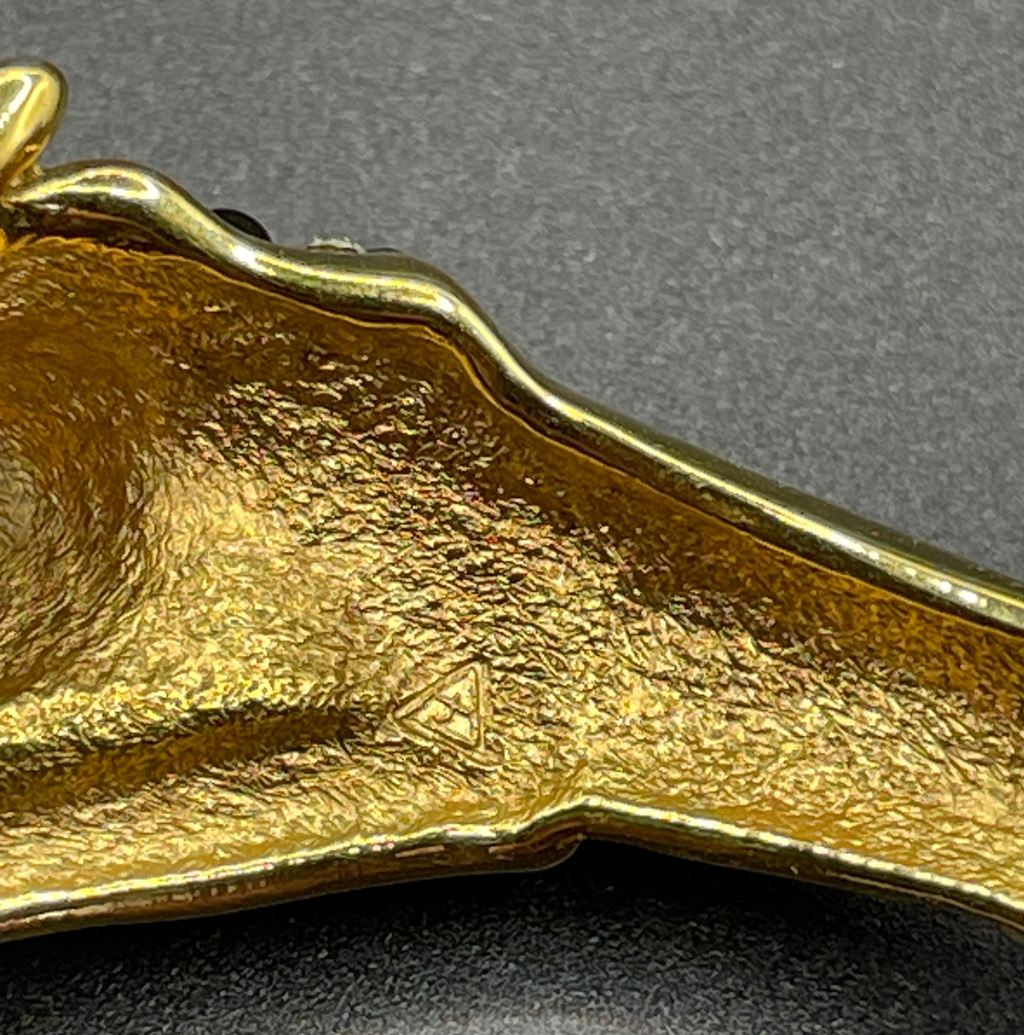 Vintage leopard / panther bangle, gold plated, green and black glass cabochons, clear rhinestones, interesting stamp signature