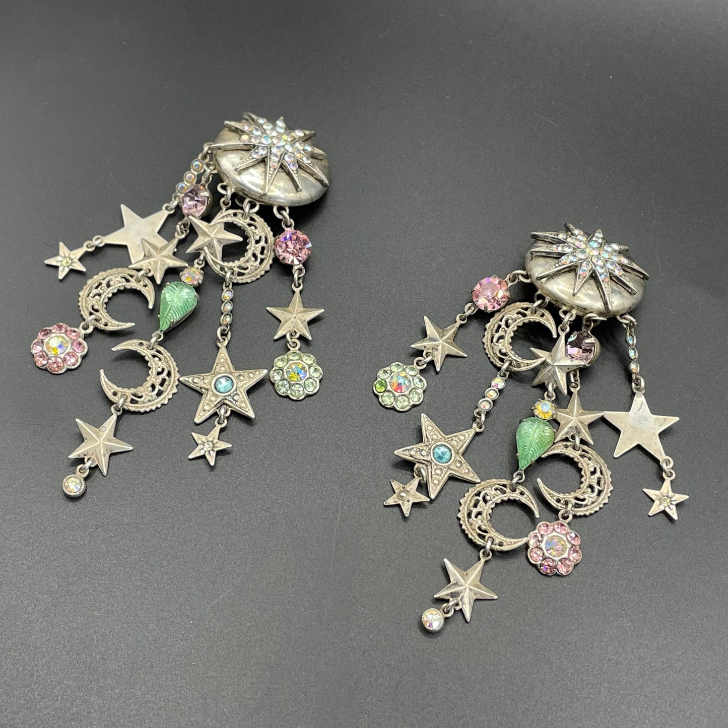 Vintage signed Askew London celestial long dangle chandelier clip-on earrings with lots of rhinestones and a star and moon motif