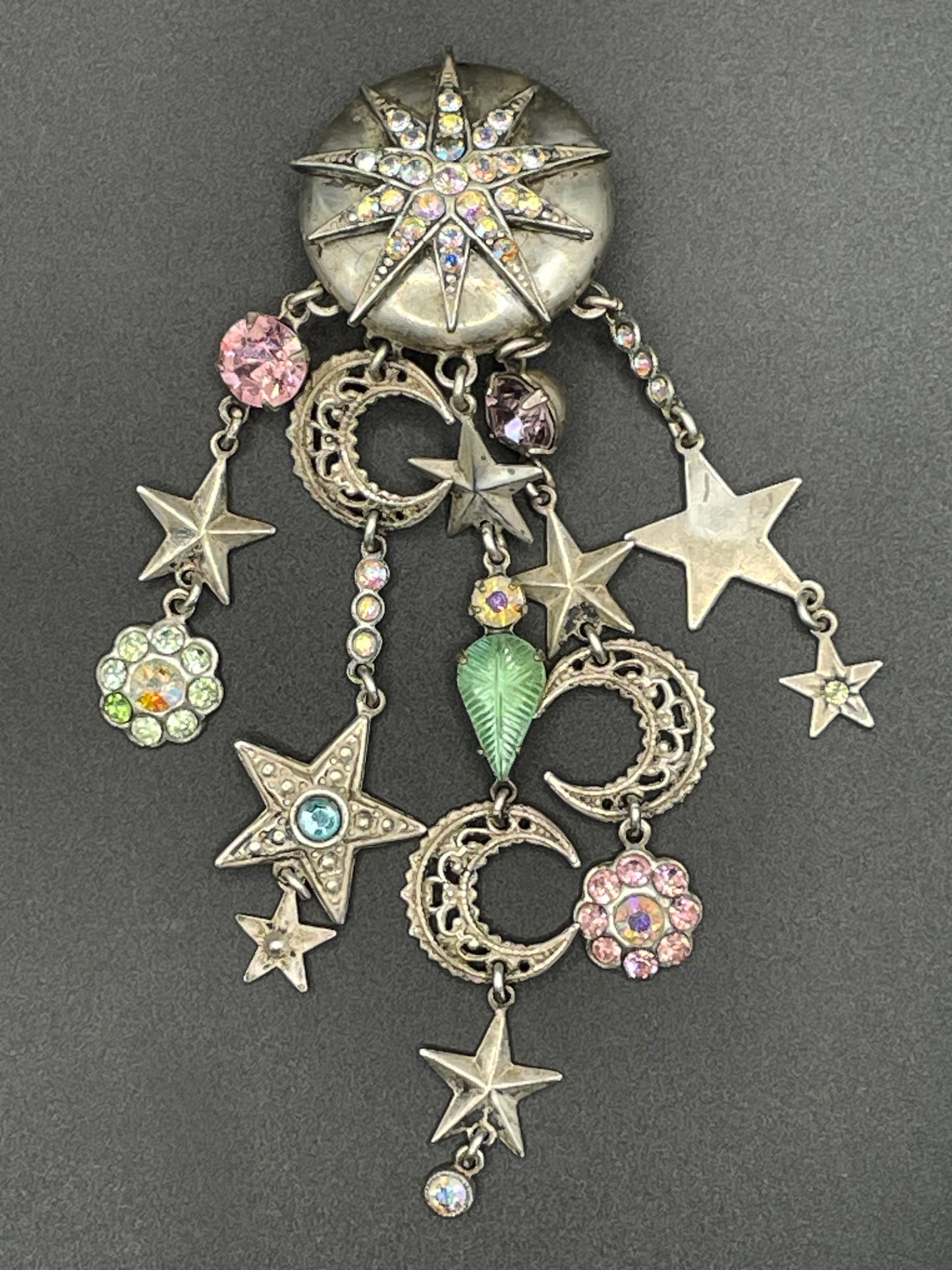 Vintage signed Askew London celestial long dangle chandelier clip-on earrings with lots of rhinestones and a star and moon motif