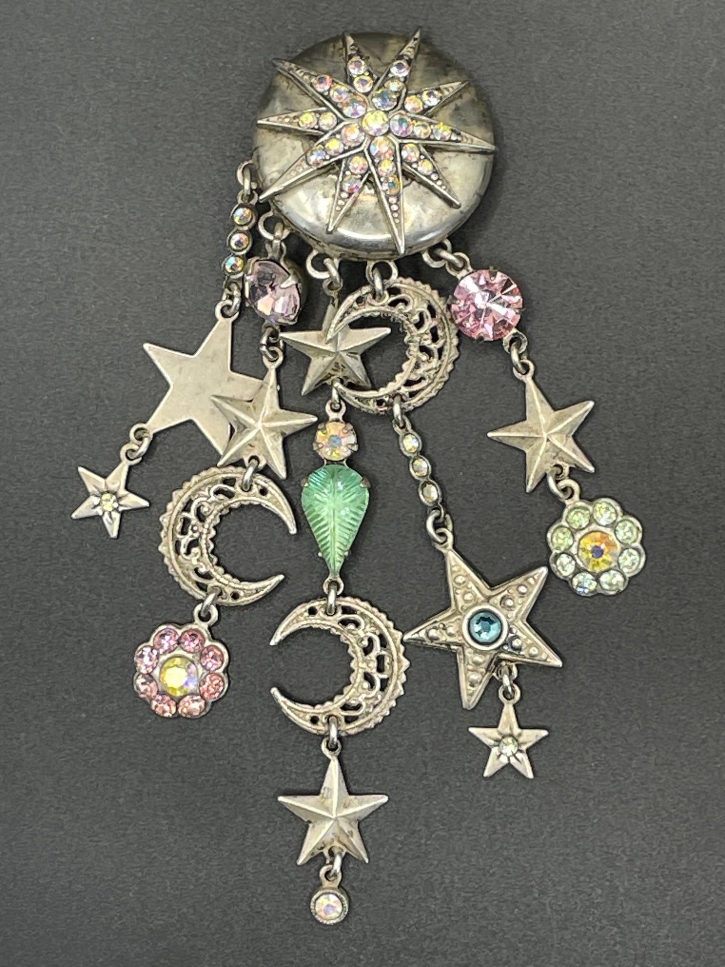 Vintage signed Askew London celestial long dangle chandelier clip-on earrings with lots of rhinestones and a star and moon motif