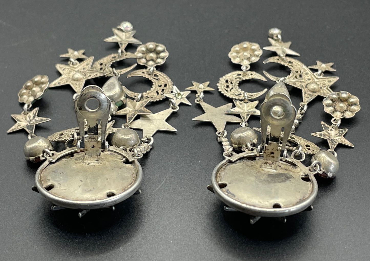 Vintage signed Askew London celestial long dangle chandelier clip-on earrings with lots of rhinestones and a star and moon motif