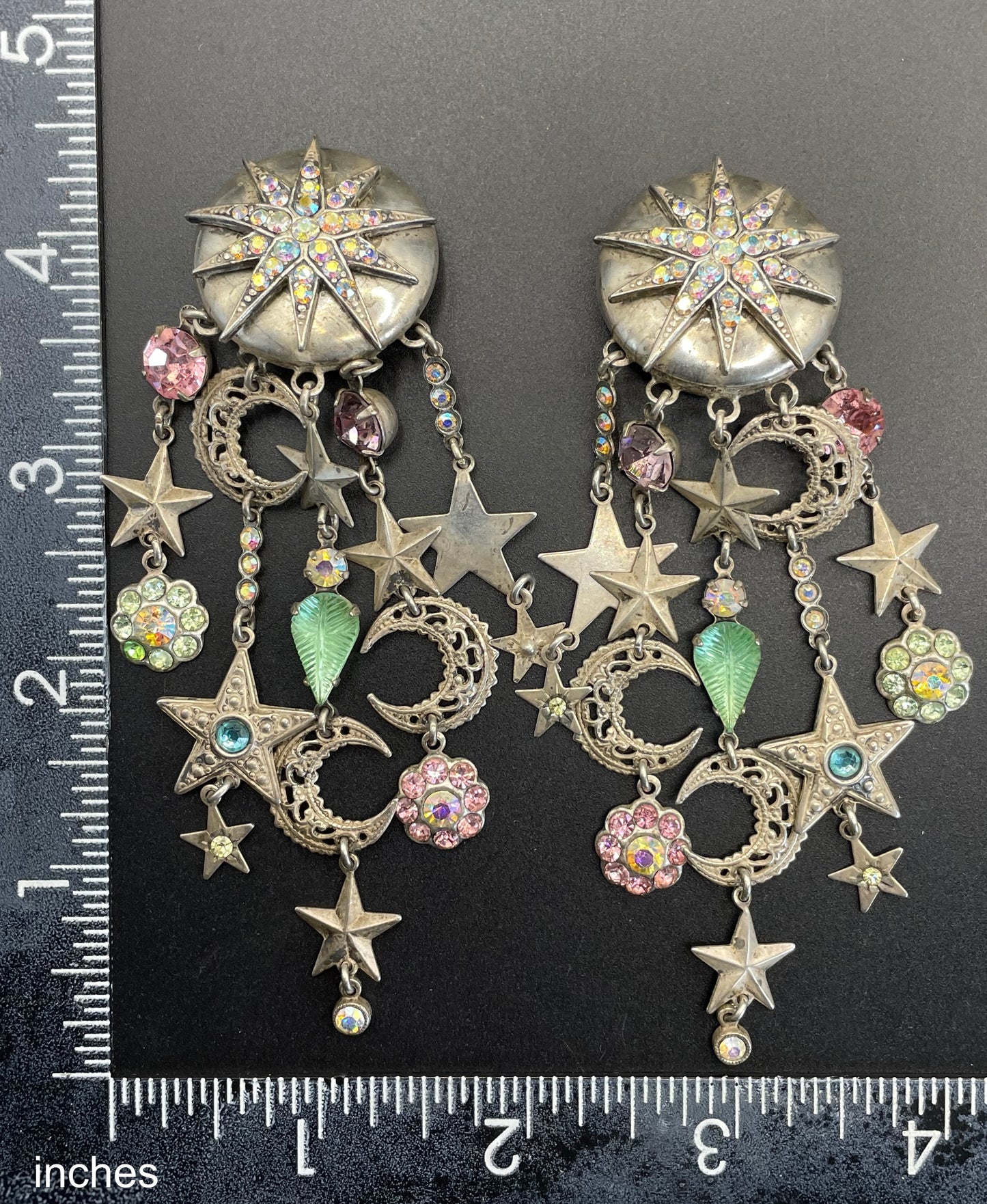 Vintage signed Askew London celestial long dangle chandelier clip-on earrings with lots of rhinestones and a star and moon motif