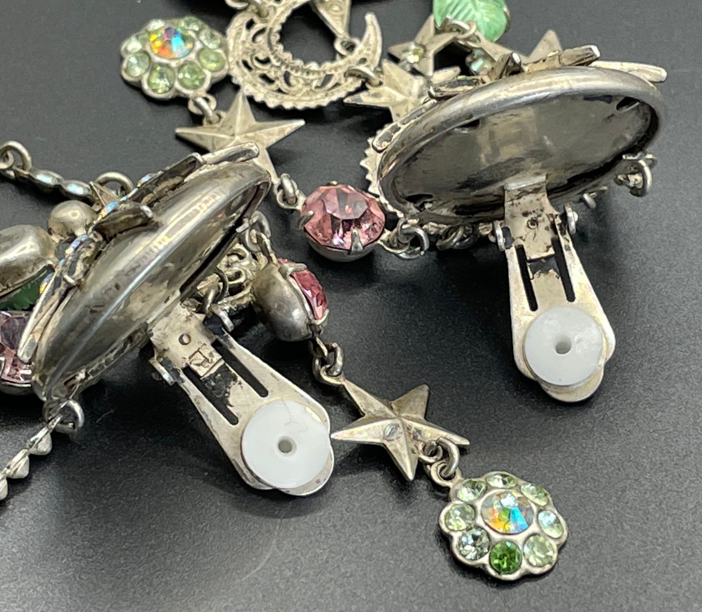 Vintage signed Askew London celestial long dangle chandelier clip-on earrings with lots of rhinestones and a star and moon motif