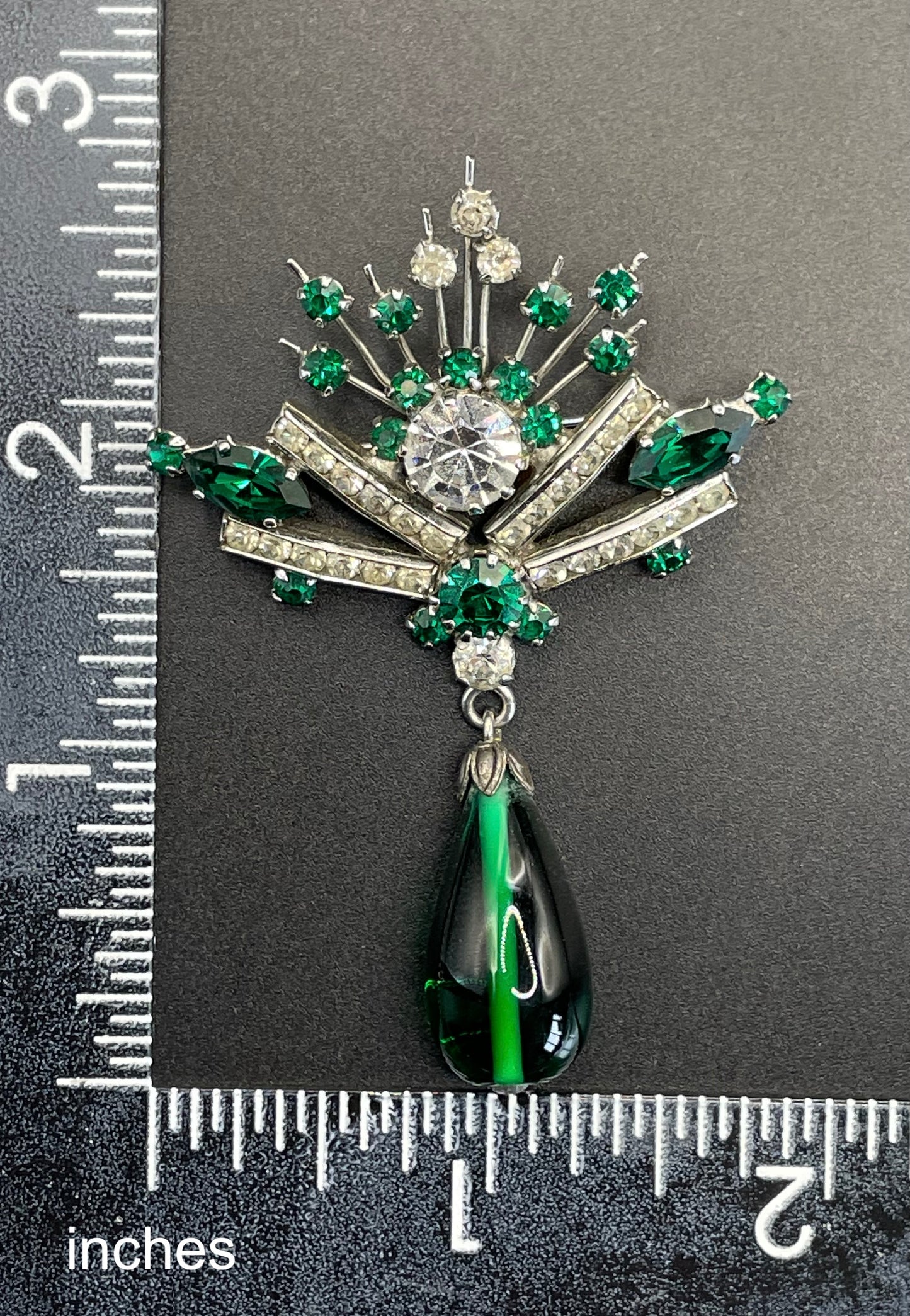 Vintage Schreiber & Hiller (but unsigned) brooch, Art Deco channel set clear paste and green rhinestones with poured green glass drop brooch