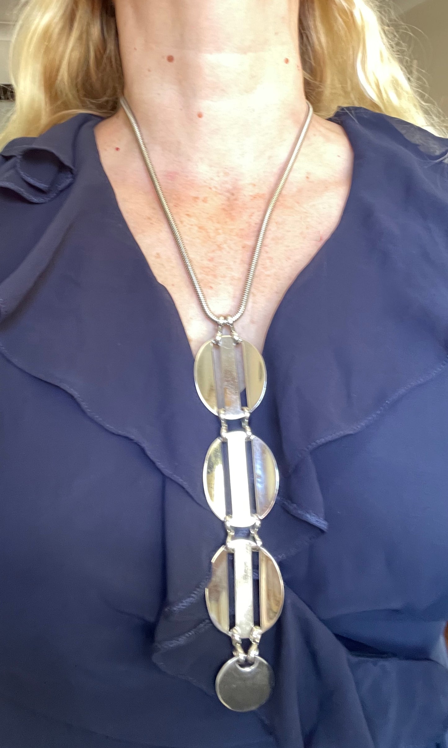 Huge vintage signed Grosse 1971 shiny silver tone long pendant necklace, space age disco design by Henkel & Grosse - makers for Dior