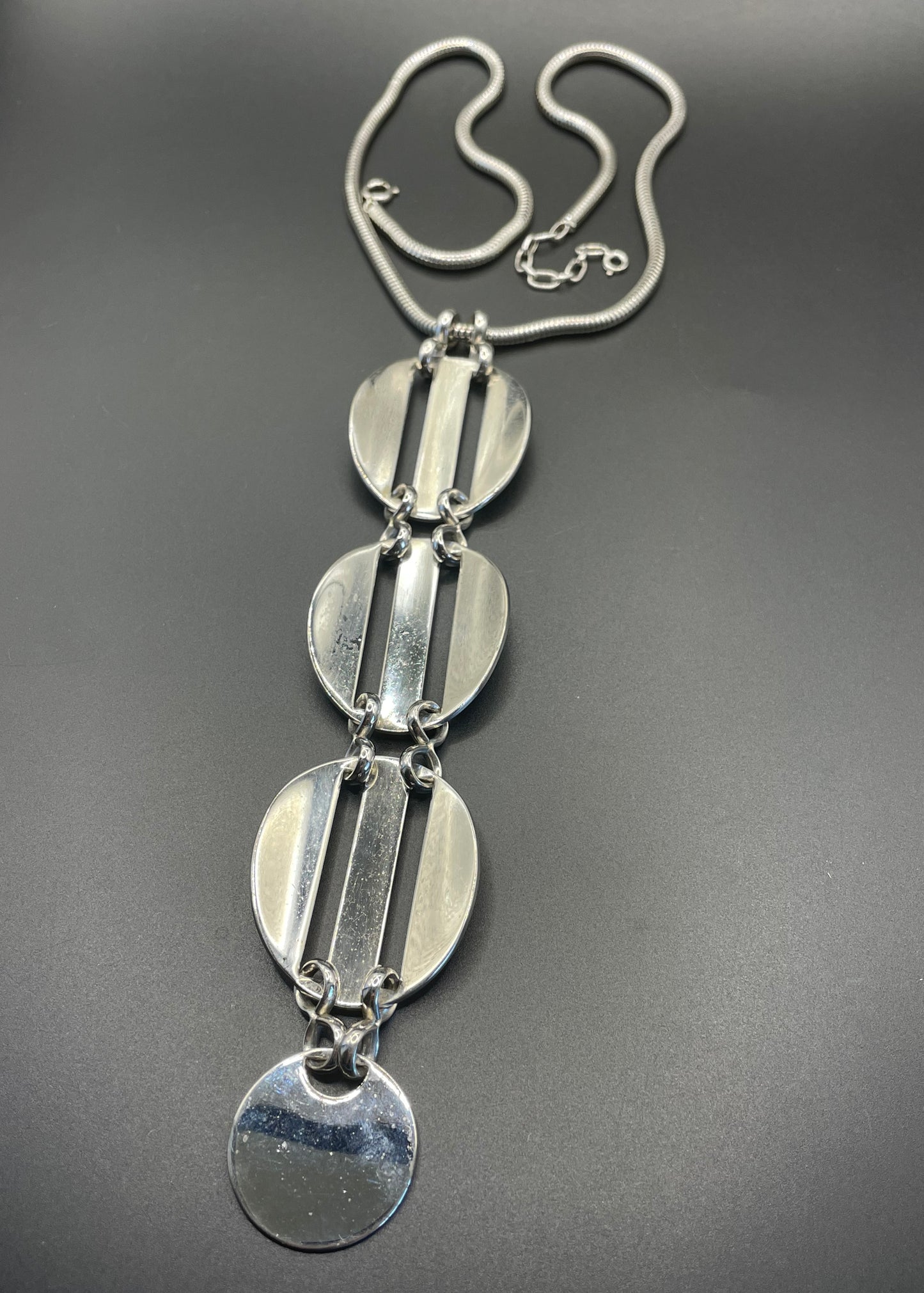 Huge vintage signed Grosse 1971 shiny silver tone long pendant necklace, space age disco design by Henkel & Grosse - makers for Dior