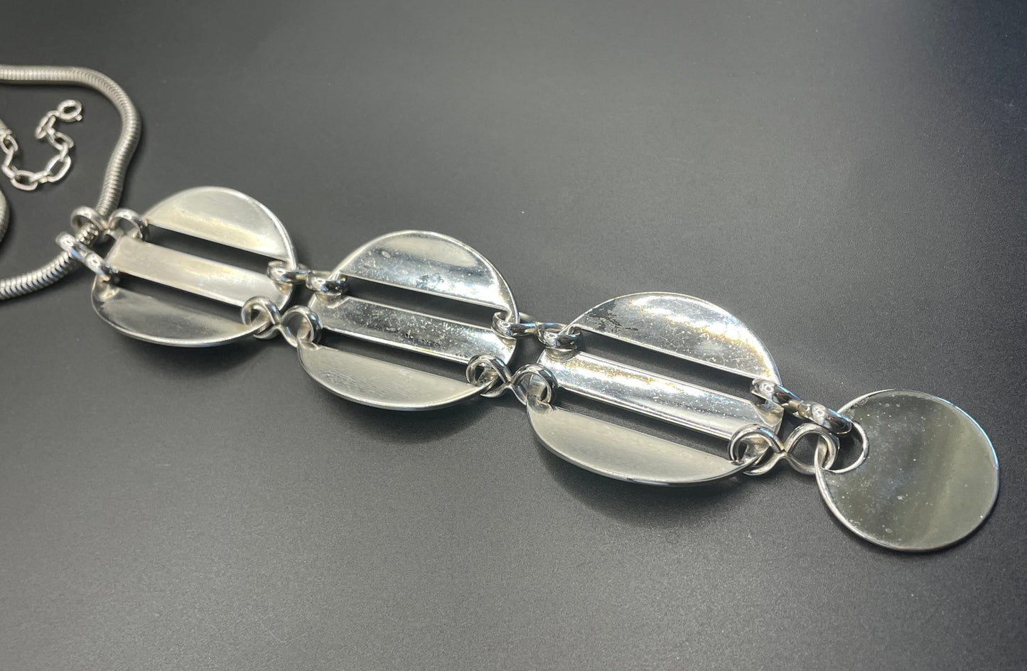 Huge vintage signed Grosse 1971 shiny silver tone long pendant necklace, space age disco design by Henkel & Grosse - makers for Dior