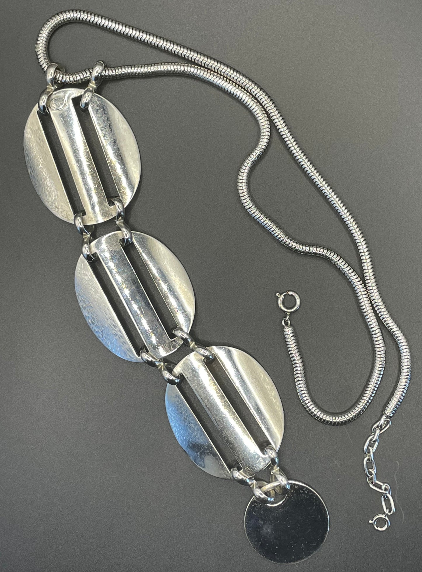 Huge vintage signed Grosse 1971 shiny silver tone long pendant necklace, space age disco design by Henkel & Grosse - makers for Dior