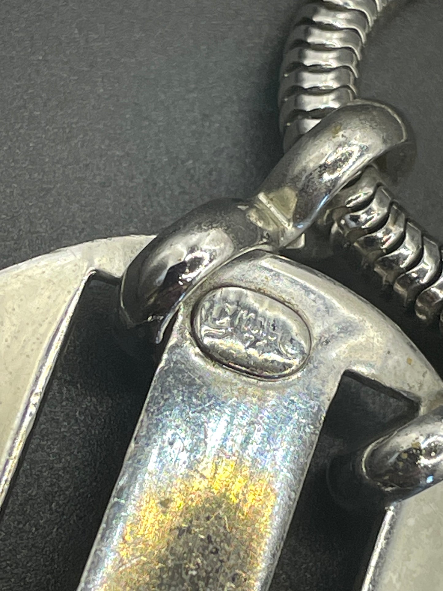 Huge vintage signed Grosse 1971 shiny silver tone long pendant necklace, space age disco design by Henkel & Grosse - makers for Dior