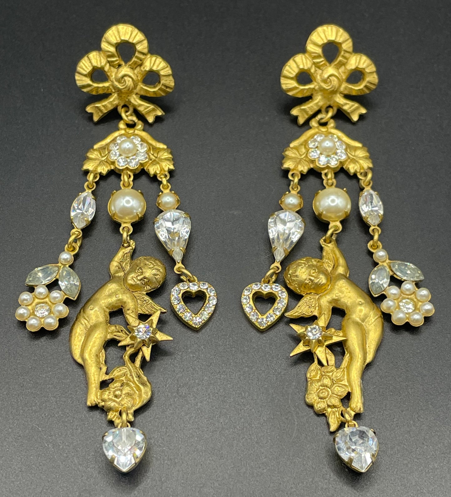 Early Askew London celestial cherub long dangle statement earrings for pierced ears, gold tone, clear rhinestones and faux pearls