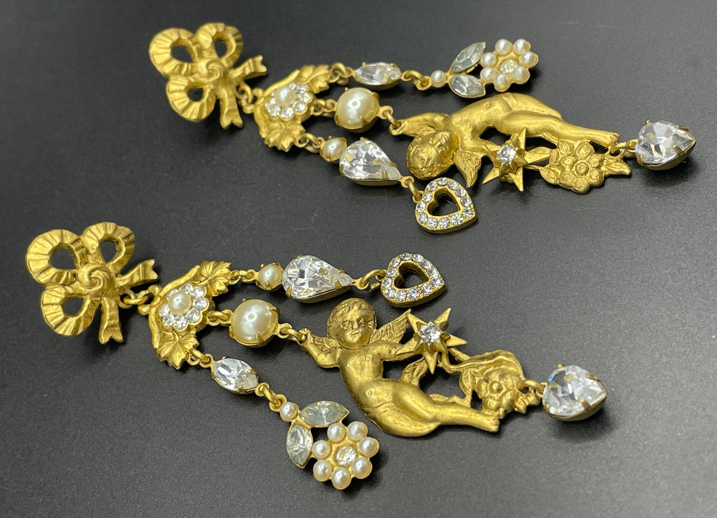 Early Askew London celestial cherub long dangle statement earrings for pierced ears, gold tone, clear rhinestones and faux pearls