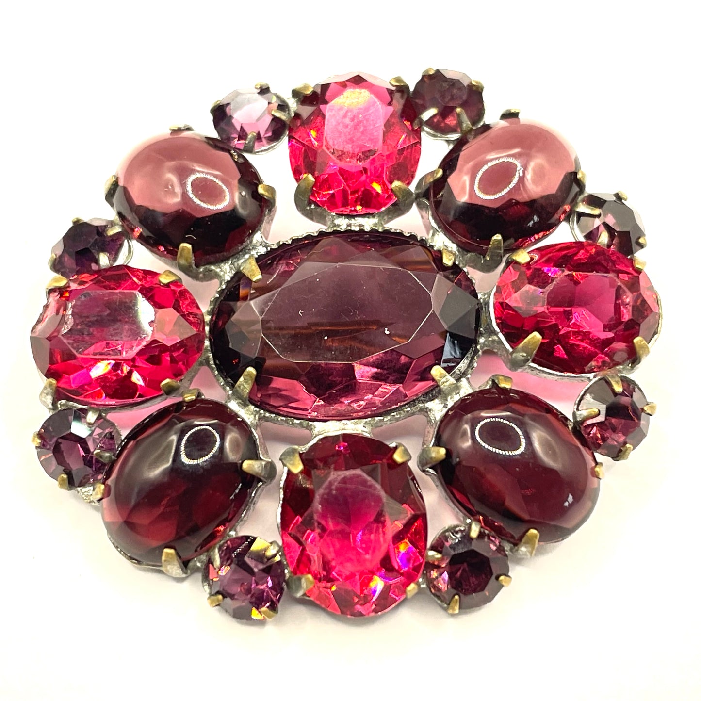 Vintage Art Deco Czech deep purple, violet and pink amethyst glass rhinestone and cabochon brooch pin, stones set open-backed