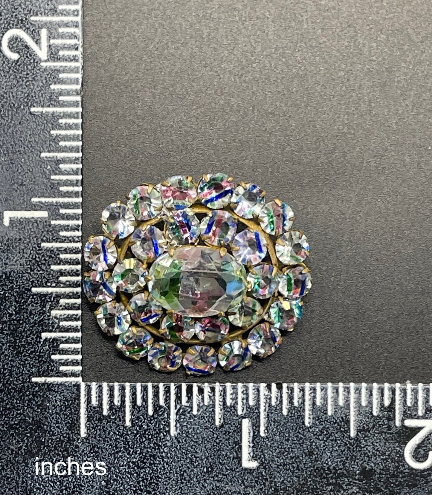 Petite vintage Art Deco iris glass rhinestone, open-backed, gold tone brooch pin, stunning rainbow pink, blue and green stripes