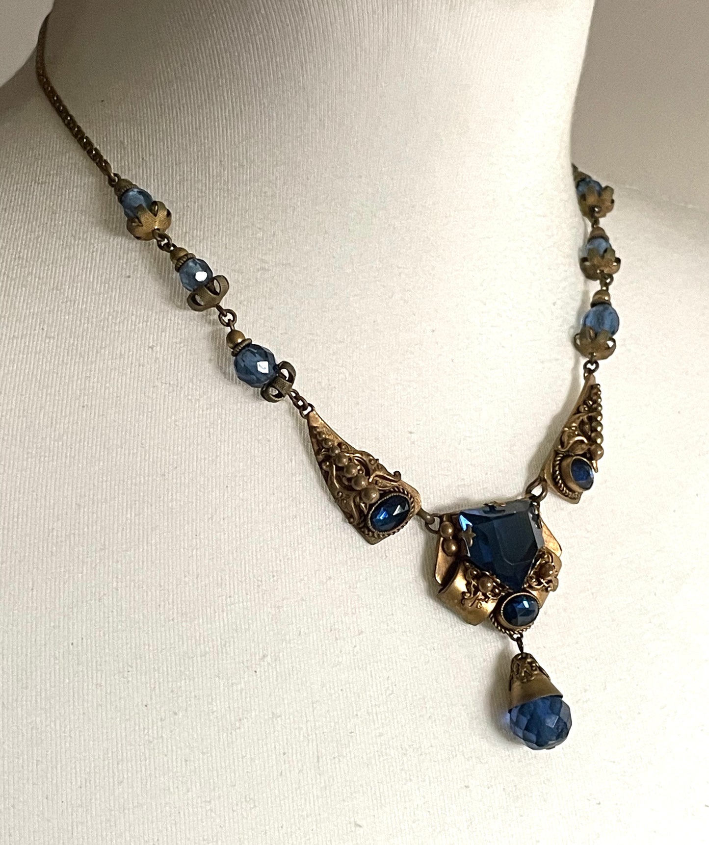 Vintage Neiger blue glass bead and rhinestone pendant style ornate Art Deco necklace in gold tone