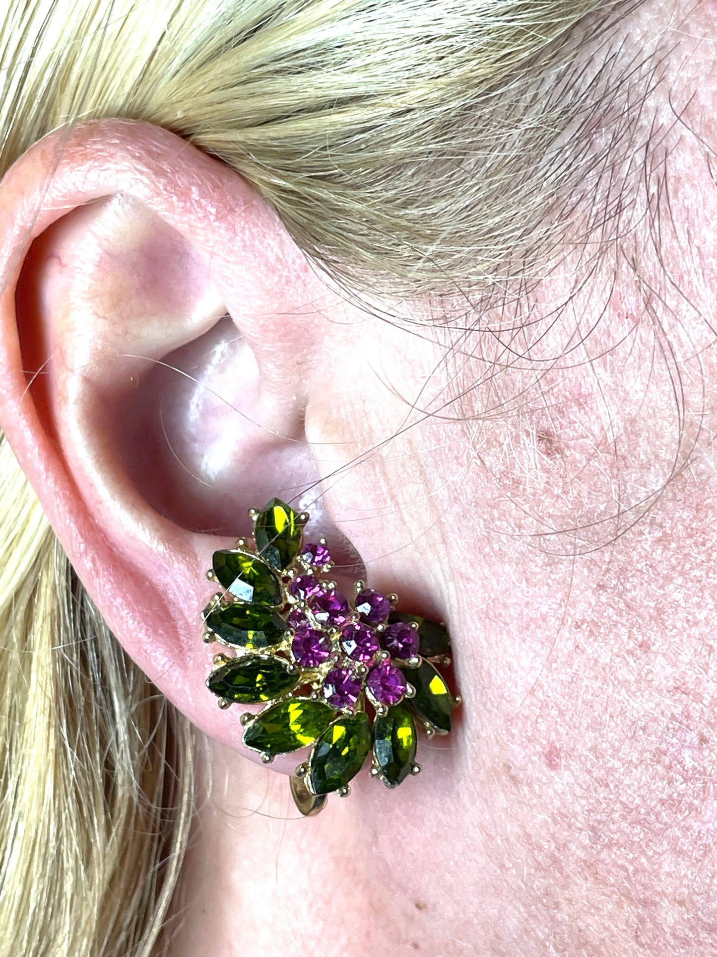 Vintage signed Trifari pink and green rhinestone brooch and clip on earrings set, early 1960s, probably the 'Contessa' collection