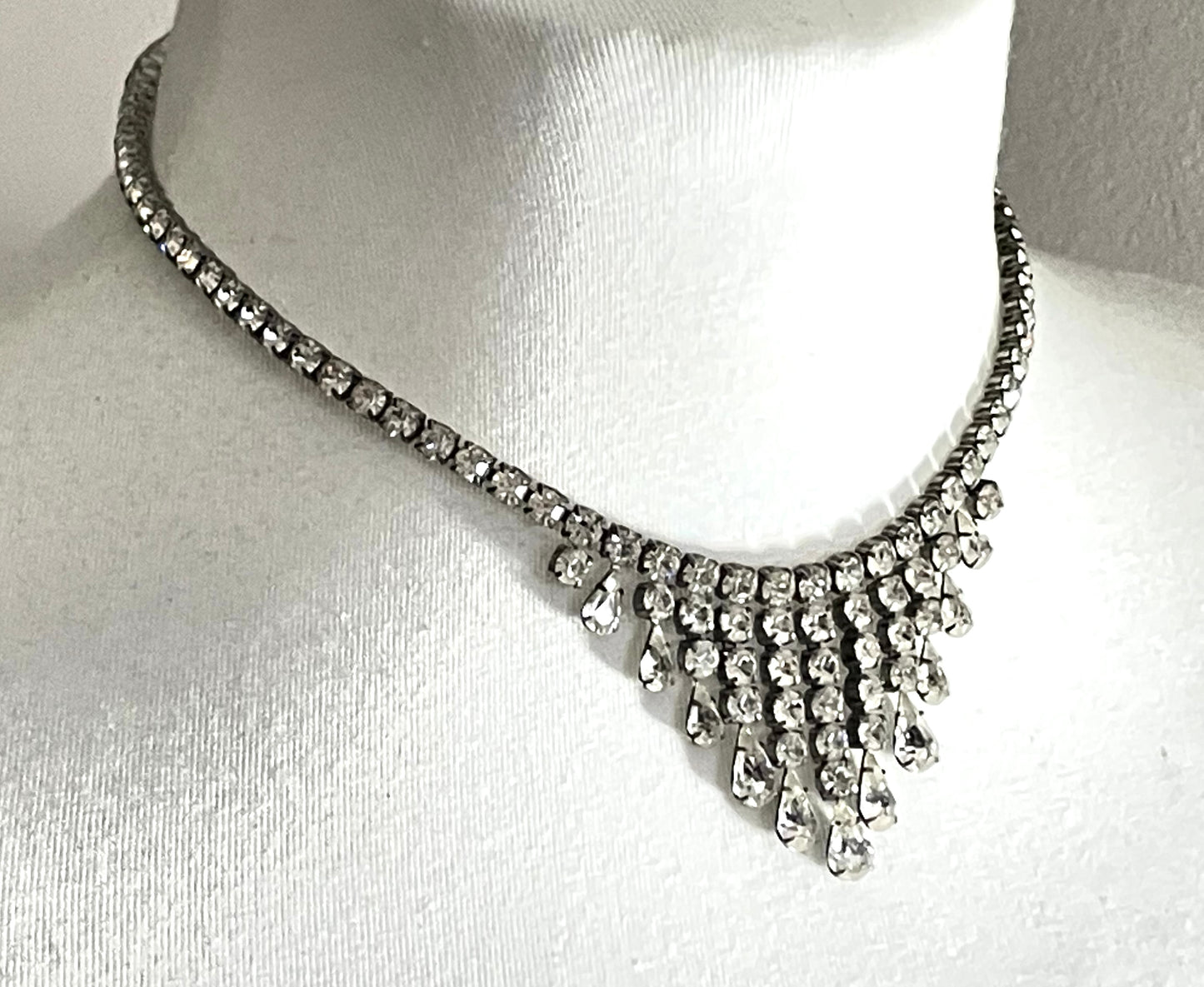 Vintage sterling silver stamped 'ster silver' ice clear rhinestone fringe necklace, signed 'prov pat'