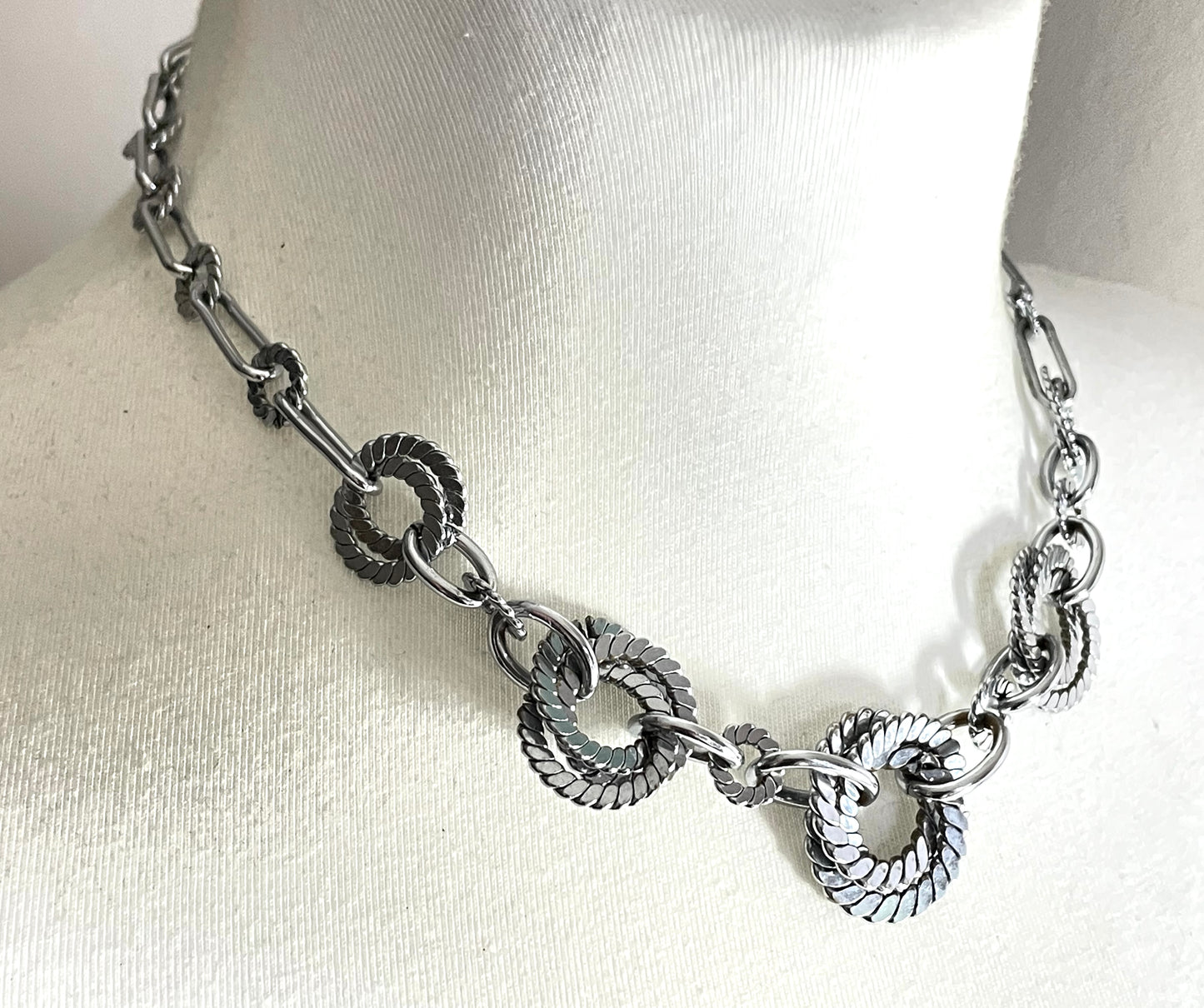 Vintage Jakob Bengel Art Deco machine age chrome geometric necklace from the 1930s