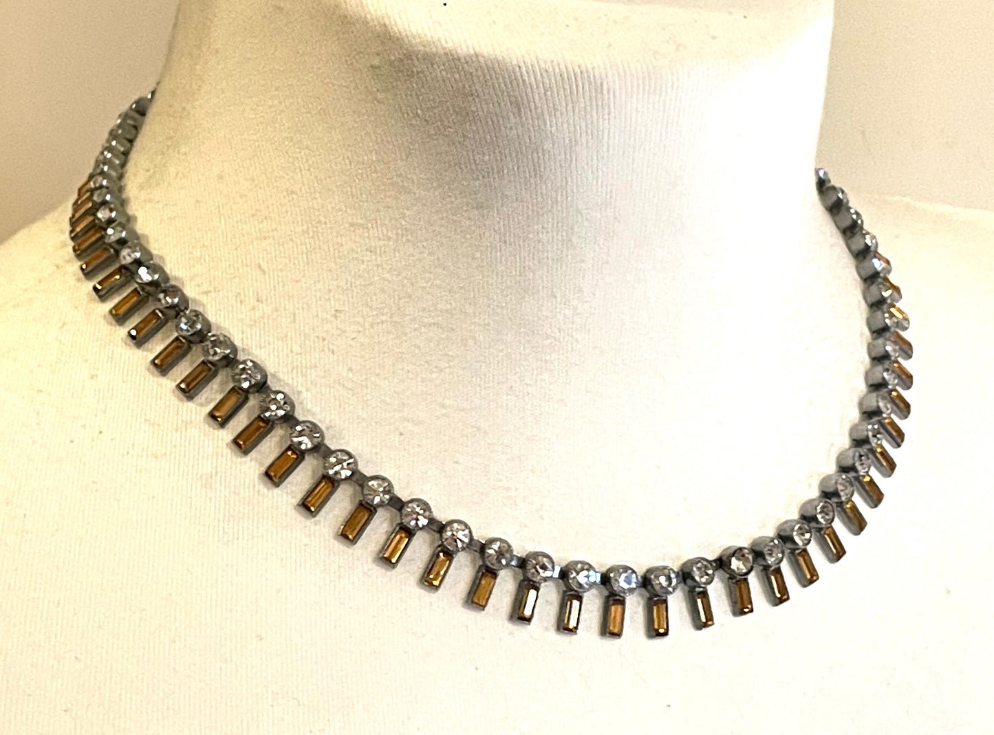 Vintage Art Deco Czech citrine yellow and clear crystal paste and shiny silver tone riviere necklace, collet set rhinestones, lovely clasp