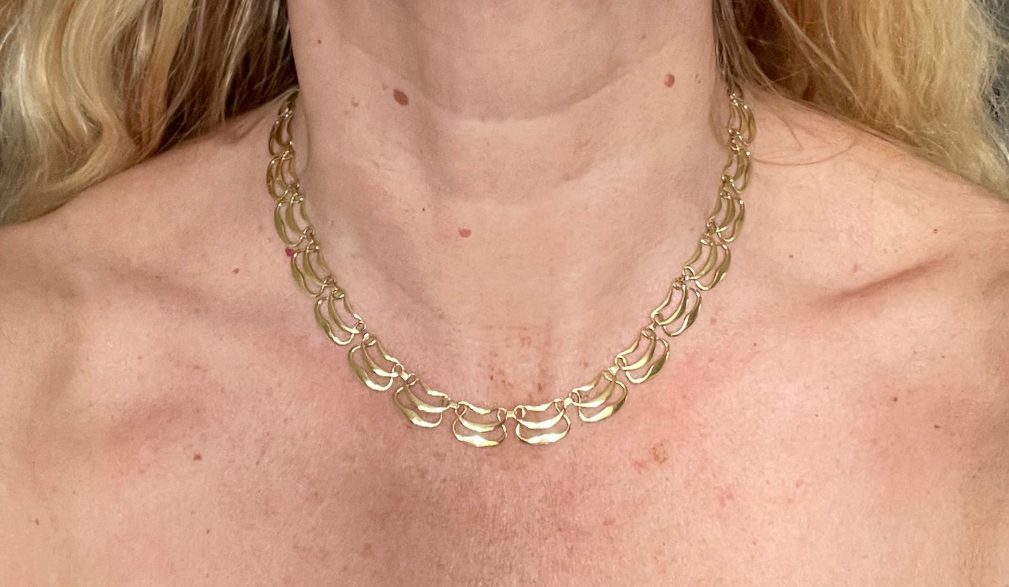 Vintage rolled gold Art Nouveau style abstract modernist design panel collar necklace