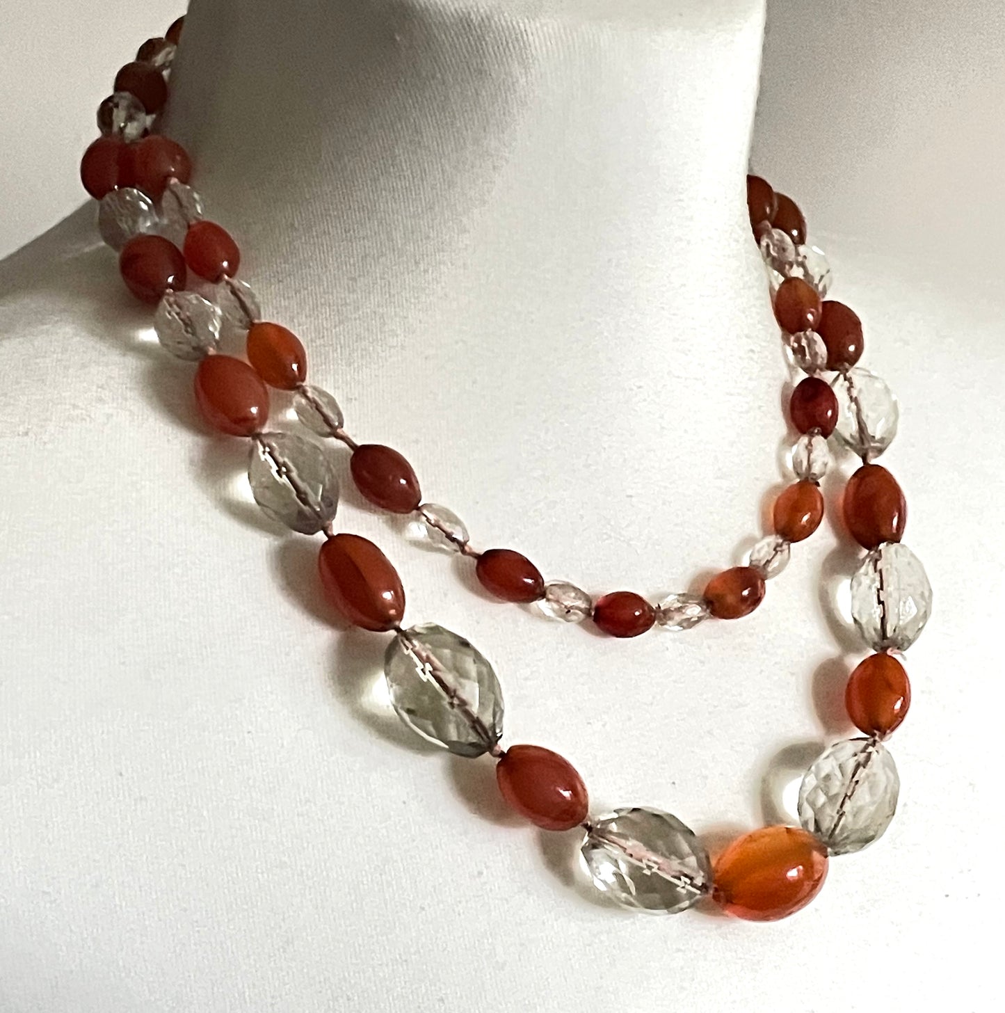 Vintage Art Deco Carnelian gemstone orange & clear glass OR rock crystal faceted bead hand knotted flapper necklace - 1920s, long and heavy