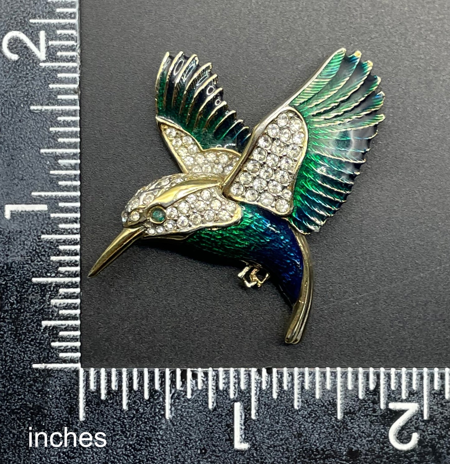 Vintage signed Attwood and Sawyer A&S 22ct gold plated, blue and green enamel and rhinestone bird brooch