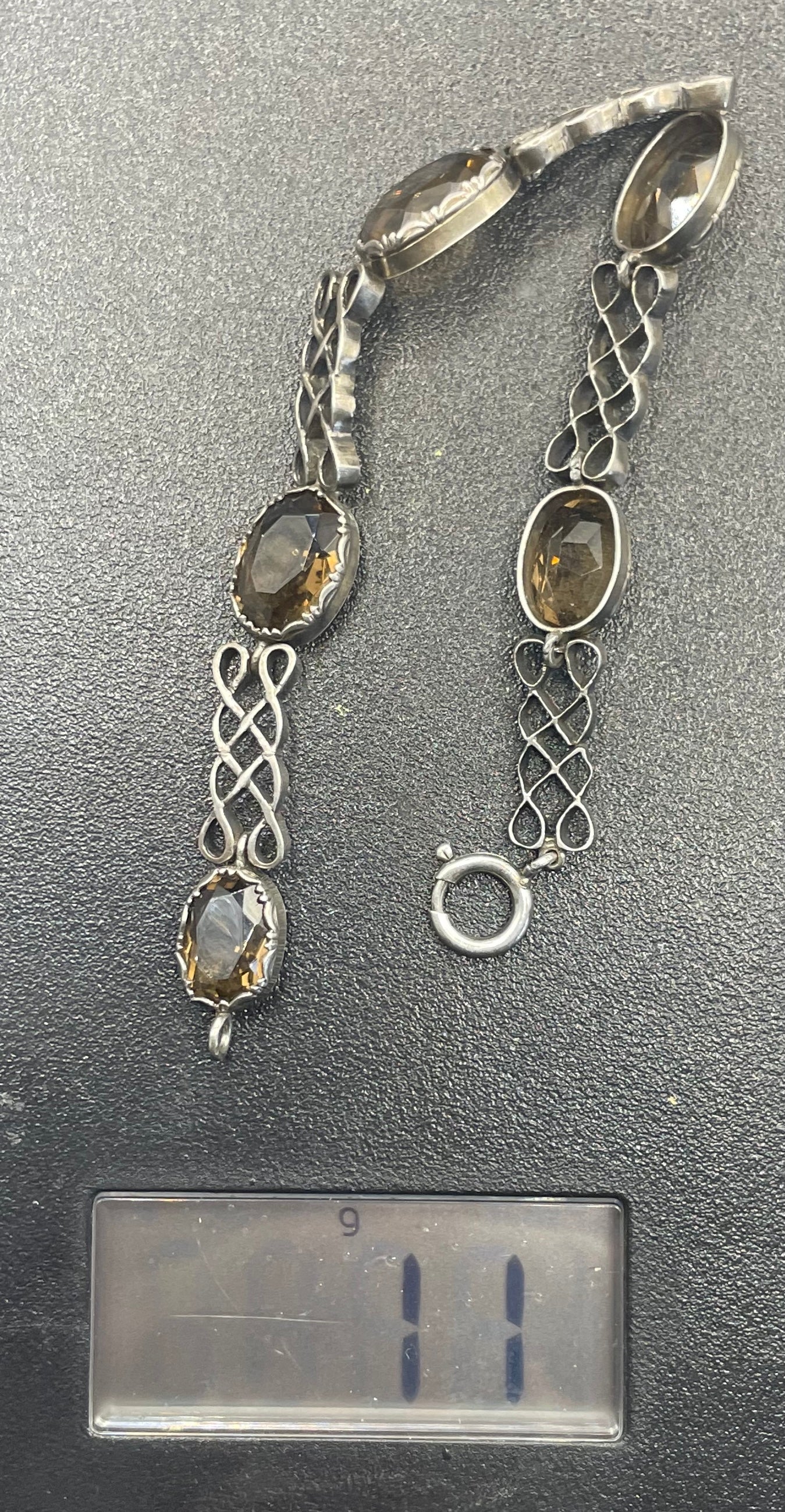Antique Victorian large smoky topaz Cairngorm gemstone bracelet with sterling silver ornate settings and curlicue sterling silver panels