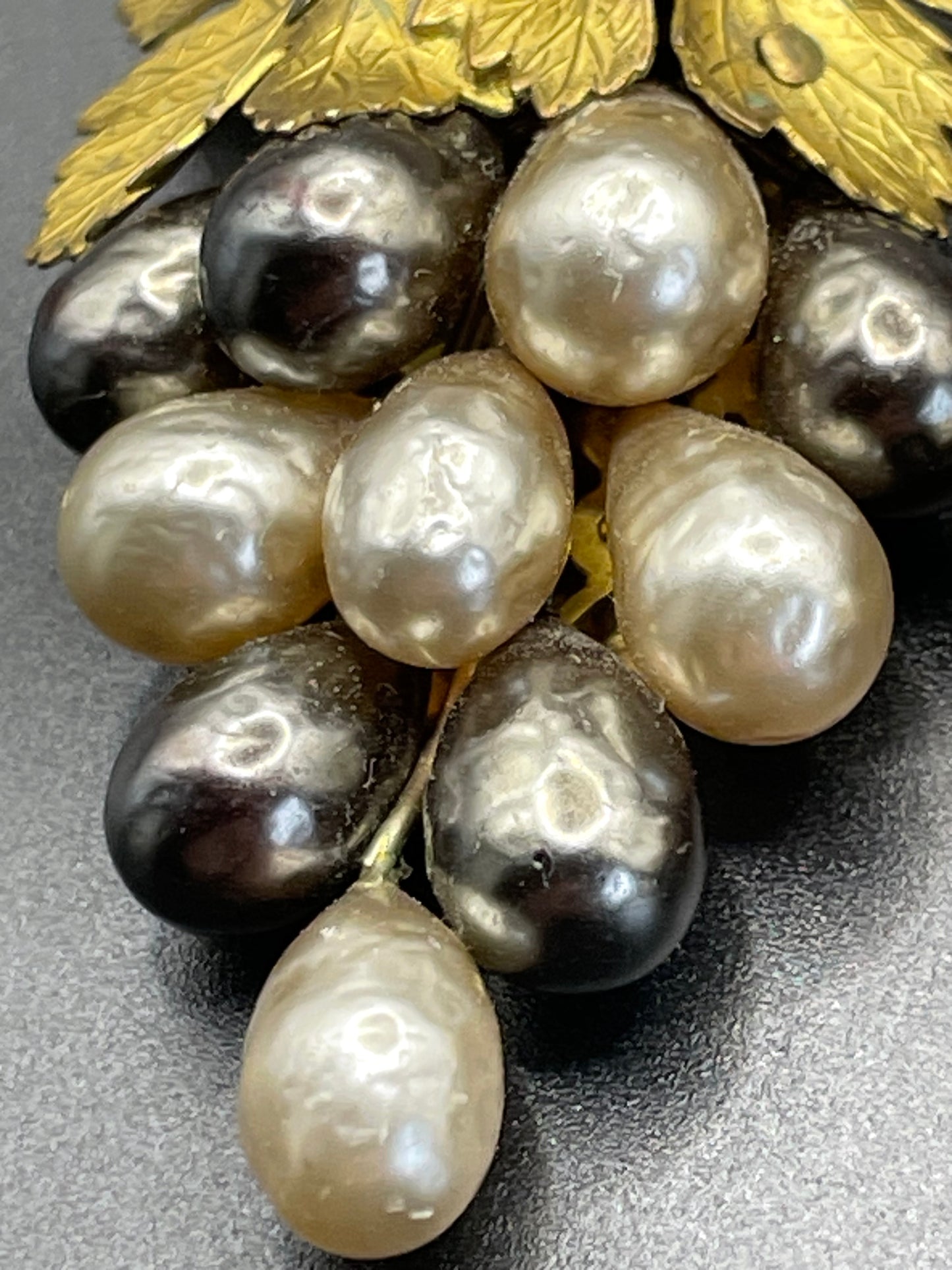 Vintage Louis Rousselet pair of Art Deco black & white glass baroque pearl gold tone bunch of grapes dress clips, both clips included