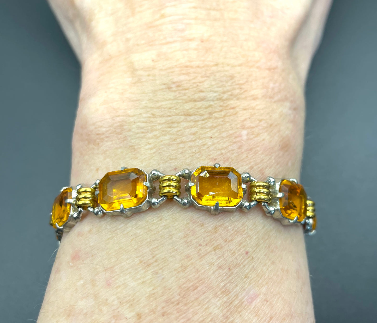 Vintage Art Deco citrine / topaz orange Czech rhinestone bracelet with bi-colour gold and silver tone, including large open-backed stones