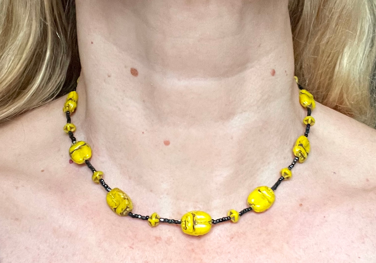 Vintage Art Deco Neiger Egyptian revival scarab glass bead necklace, vibrant bright yellow Czech beads and black spacer beads