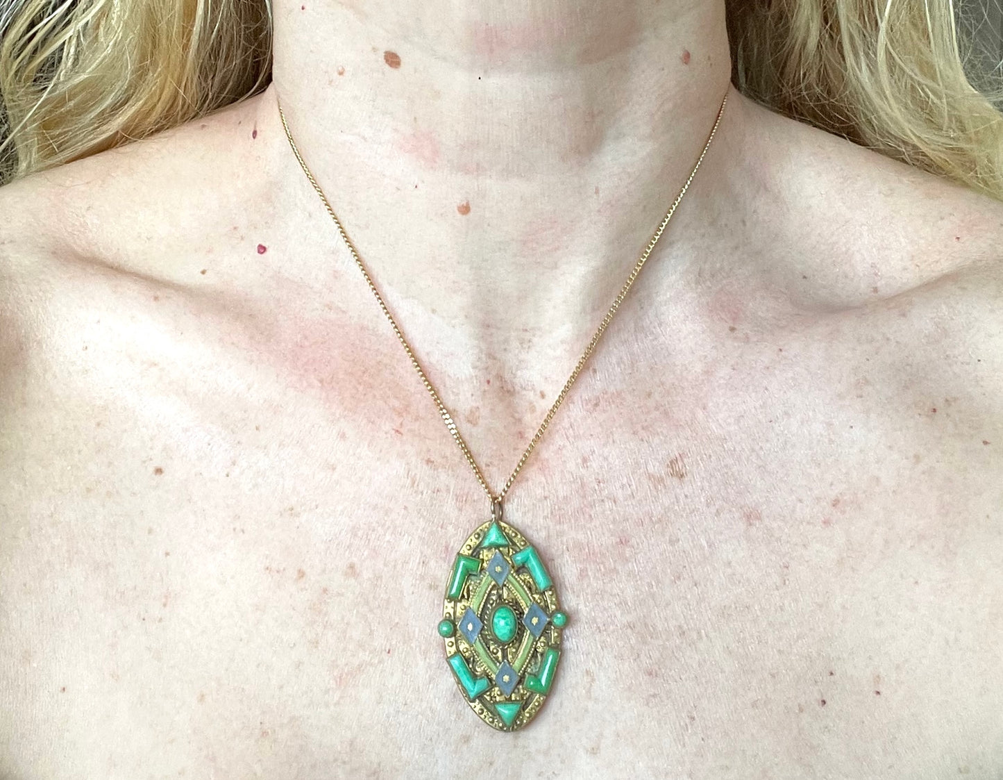 Vintage Neiger pendant with moulded green glass geometric shapes, enamel and 'Peking' style glass cabochons in gold tone filigree