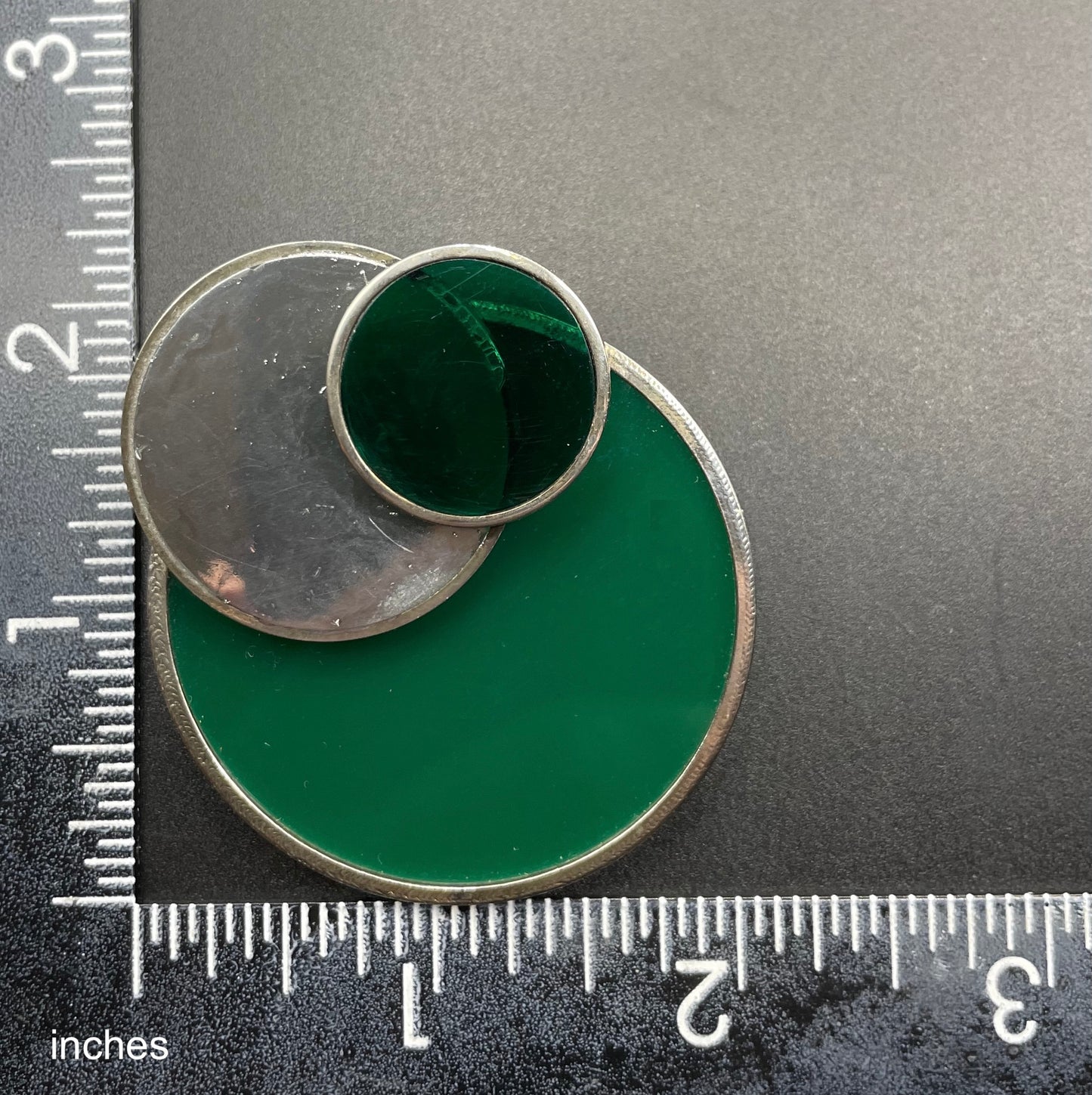 Vintage large Art Deco Bauhaus design green glass and silver tone (probably low grade silver) brooch with trombone clasp