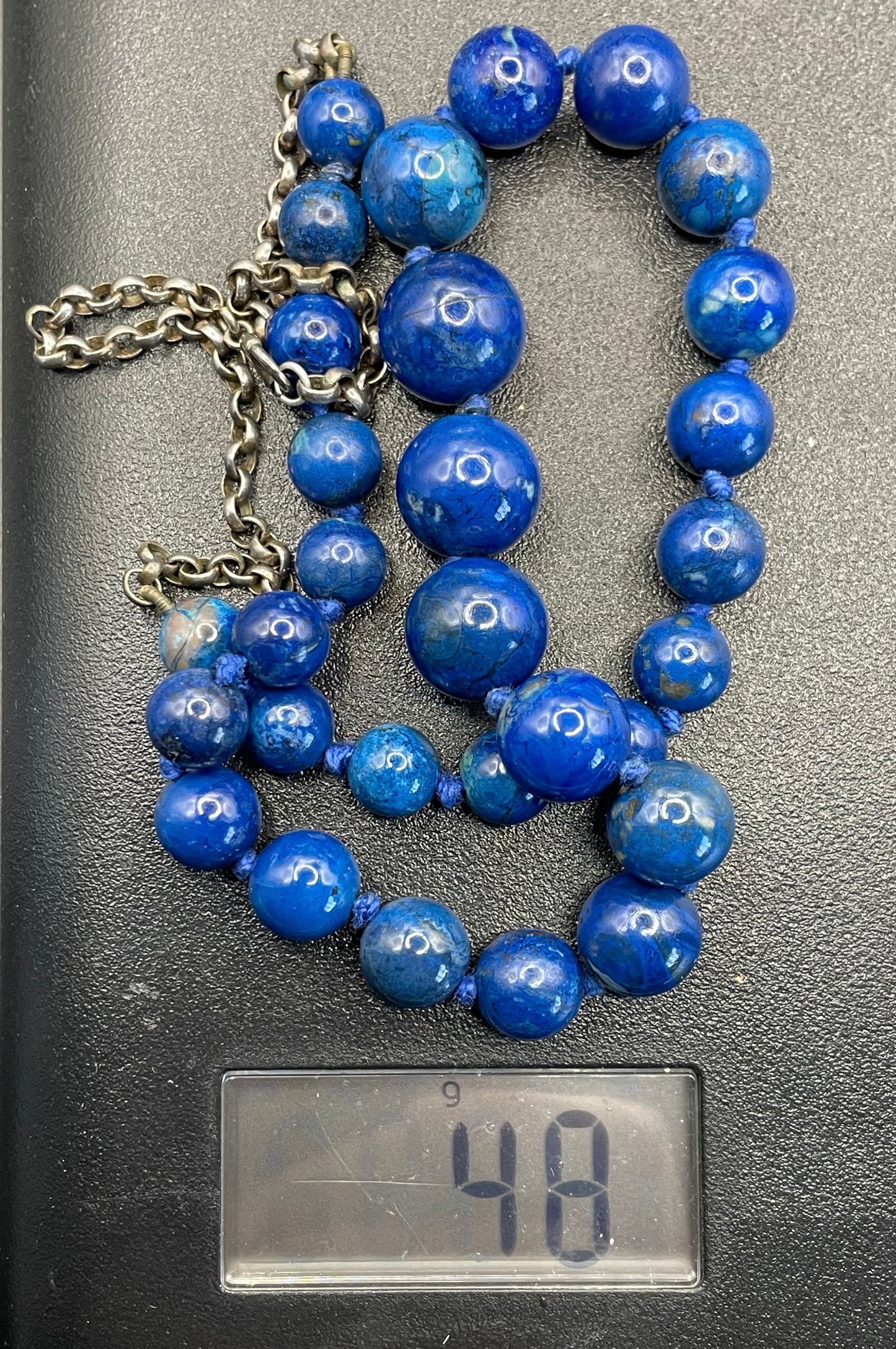 Vintage / antique lapis lazuli blue bead gemstone necklace with unmarked sterling silver belcher chain sections, 48 grams