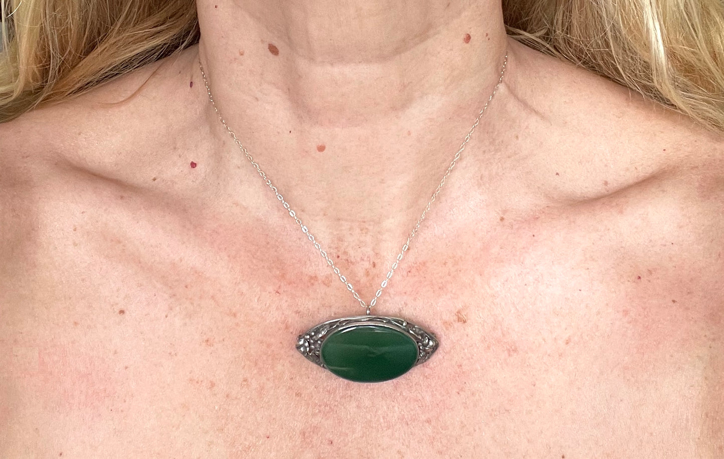 Vintage/antique sterling silver (tested) green gemstone (chrysoprase?) & Art Nouveau or Arts and Crafts brooch /pendant with sterling chain