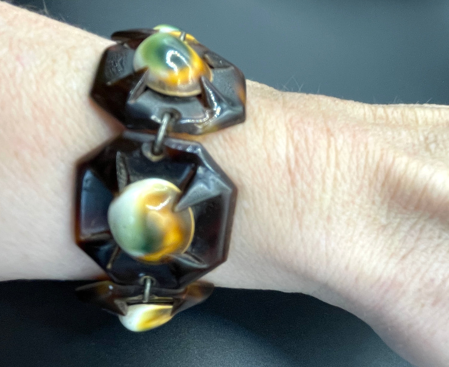 Antique Victorian operculum cabochon and tortoiseshell panel bracelet
