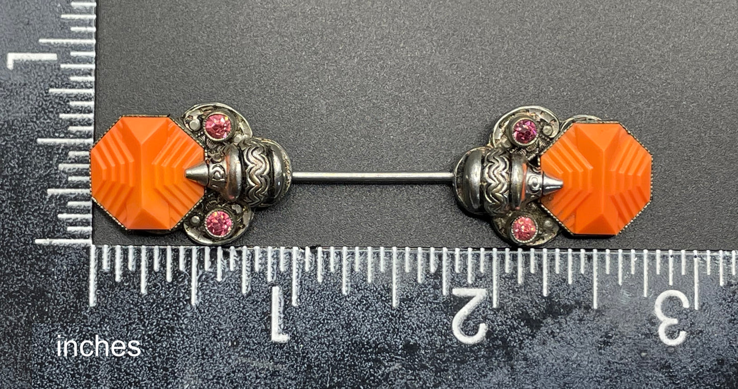 Vintage Max Neiger Art Deco Czech paste jabot pin, orange moulded glass and ruby pink rhinestone in silver tone, Neiger brothers